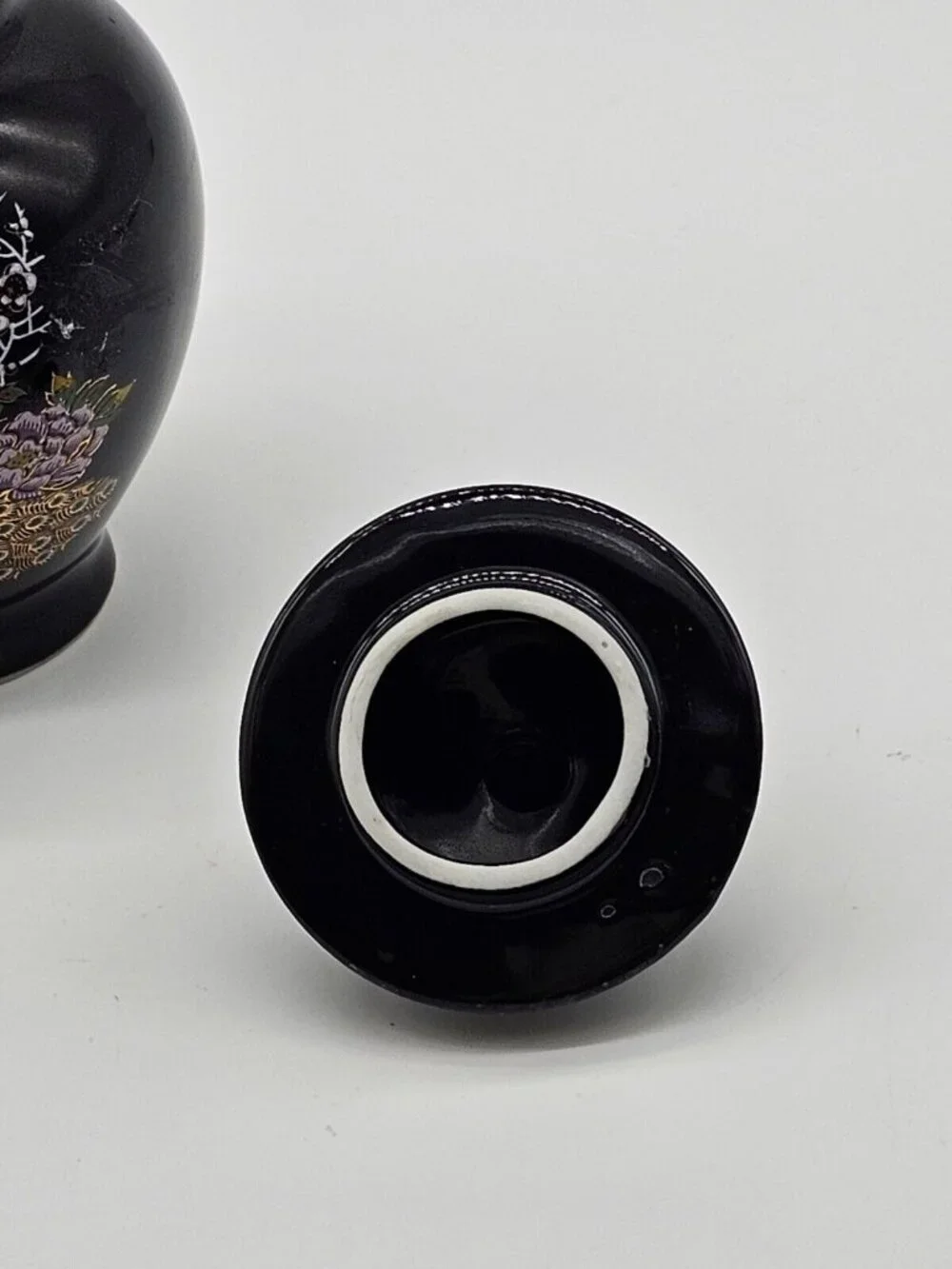Asahi Japan Vase Black Floral Porcelain Peacock Ginger Jar Urn with Lid